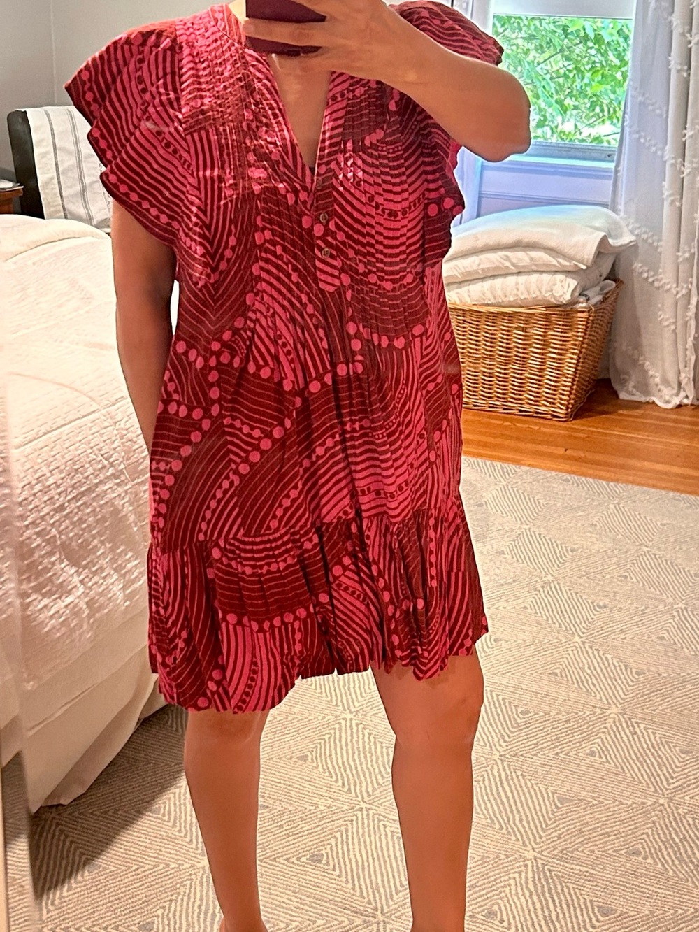 Anthropologie Maeve Red/ Pink Patterned Flutter-Sleeve Mini Dress